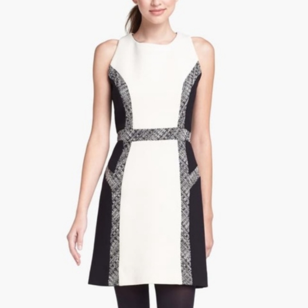 Milly Sheath Dress Size 8 Italian Wool Crepe Inset Tweed Classic Preppy Chic New